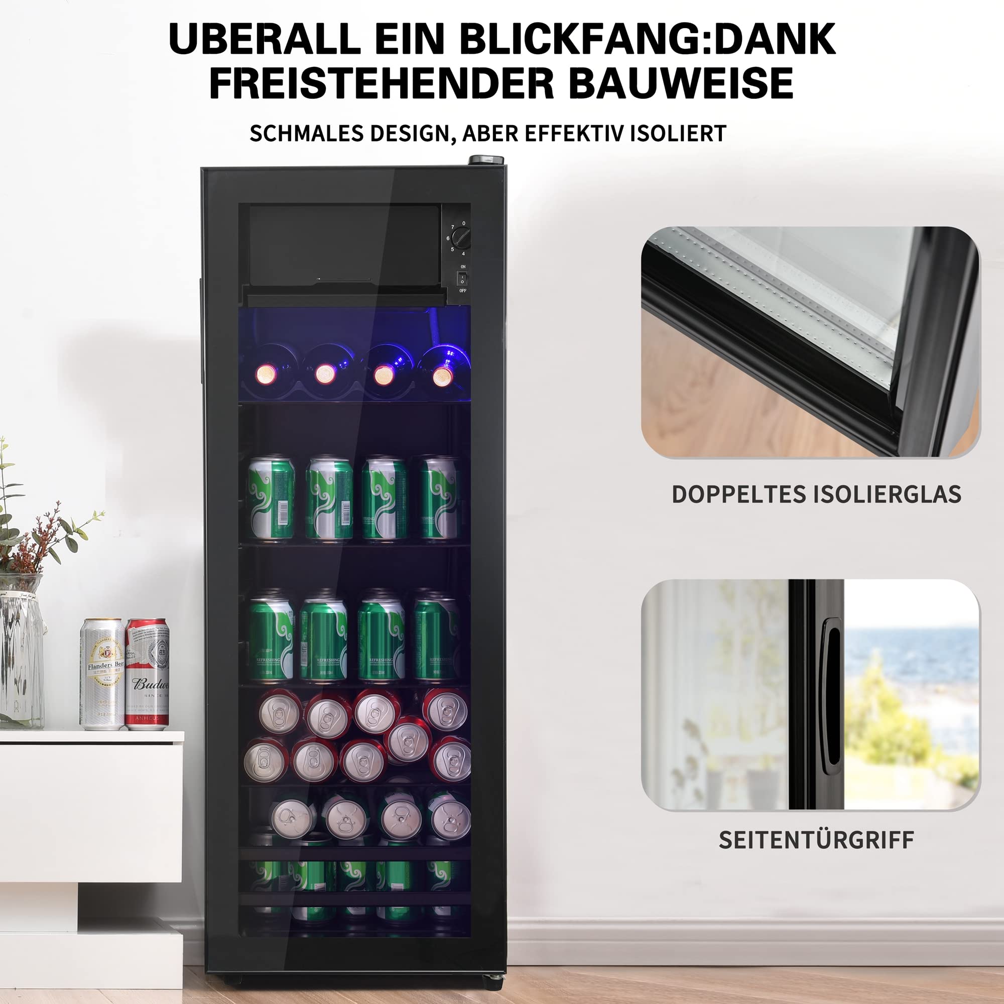 Gegtuon Frigorifero 128L, Frigo con Illuminazione a LED e Divisorio per Ripiani, Professional Frigo Bar Refrigerata con Congelatori e Porta in Vetro per Ufficio Casa Cucina, Classe E, 220-240V, Nero