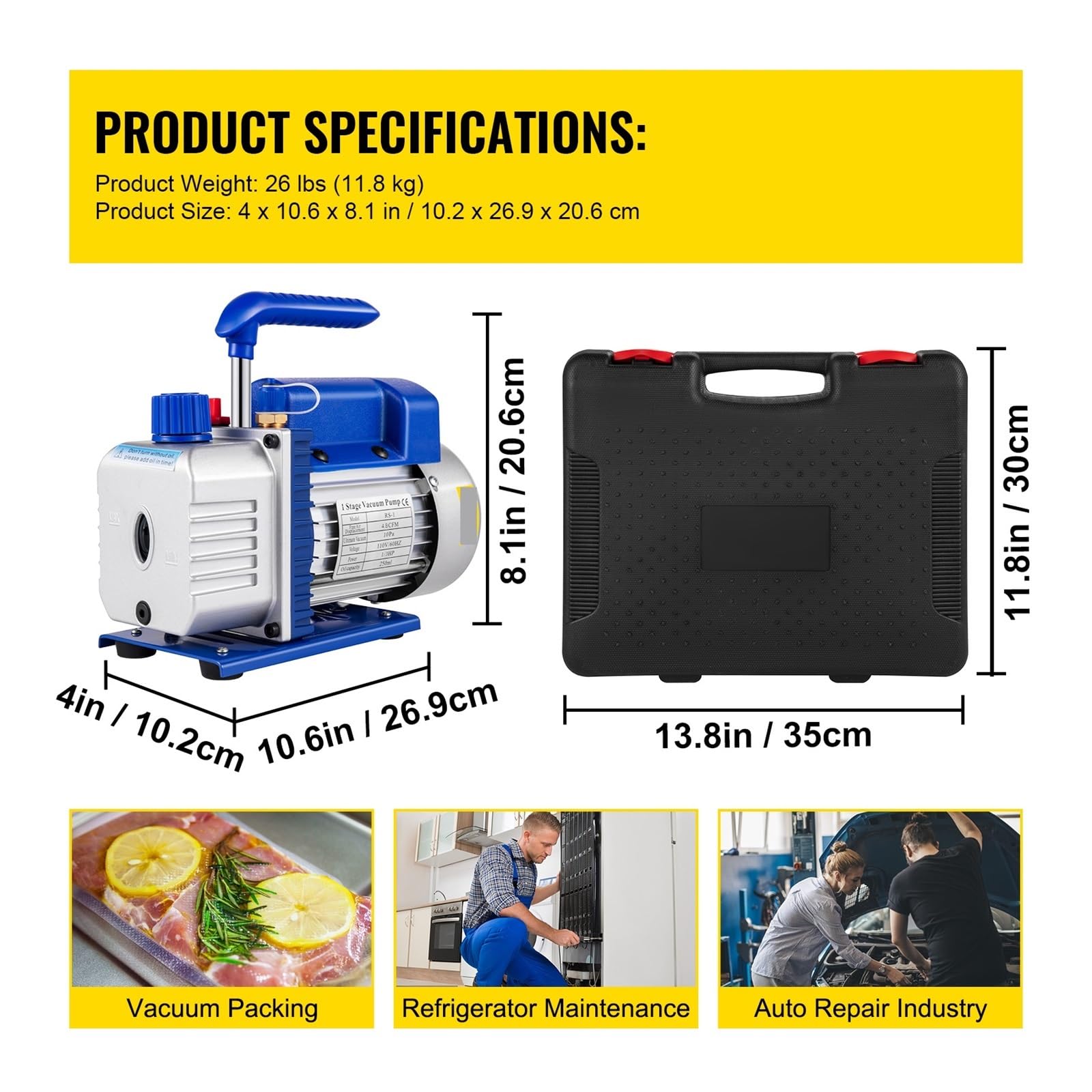 Vakuumpumpe, 1-stufige Kälte-Vakuumpumpe mit/ohne Manometer 1,8 CFM-12 CFM Kältemittel, Klimaanlage, HVAC-Wartung(4.8CFM Gauge - US)