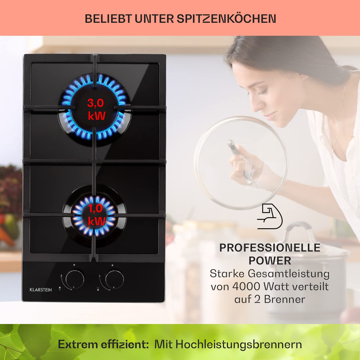 Klarstein Gasherd, Gaskochfeld 4 Flammig, Einbau-Gaskocher für Zuhause & Wohnmobil, Edelstahl Campingkocher, Gasherd für Propan- und Erdgas, Gas-Herdplatte mit Wok Brenner, Gas Kocher 4000 Watt