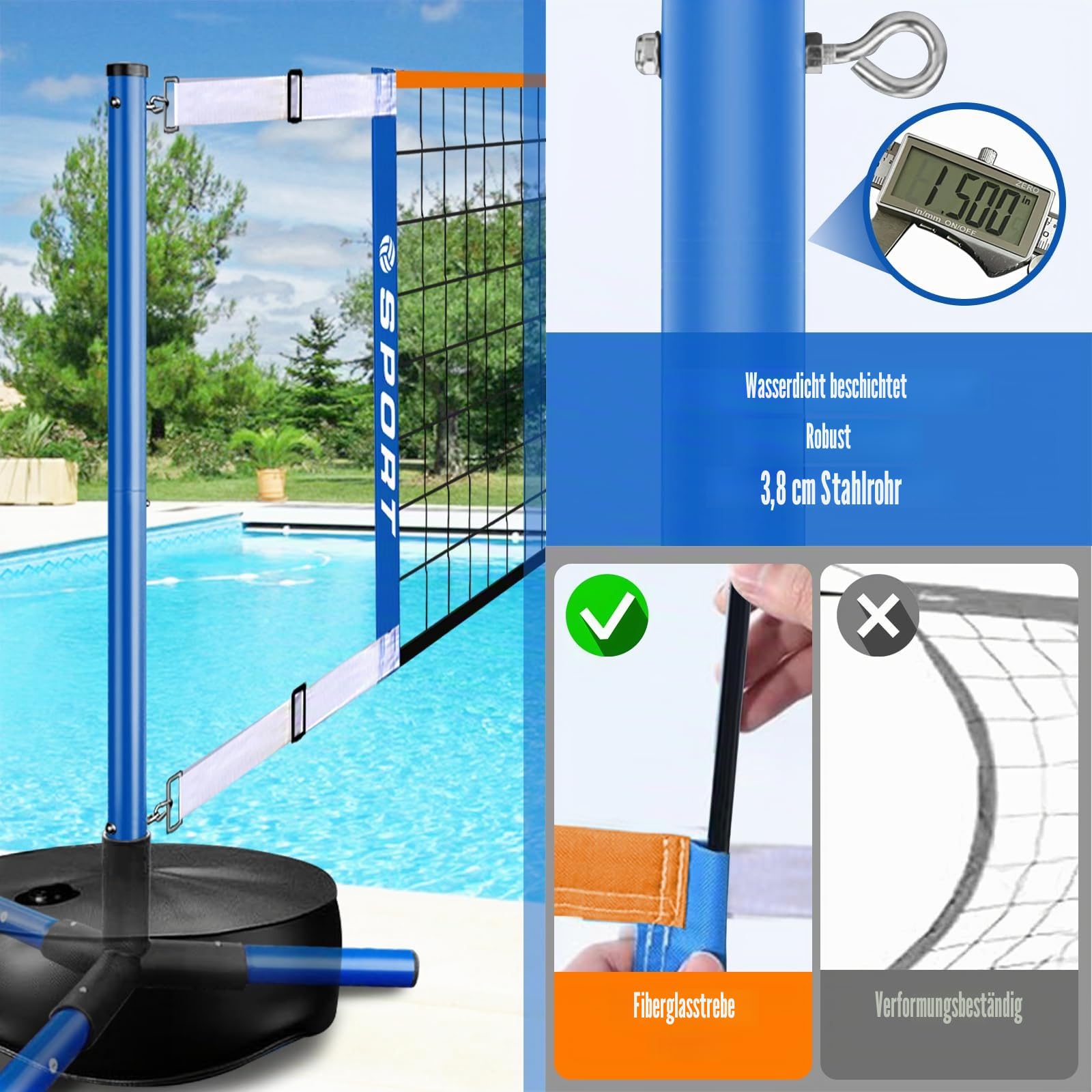Furypiont Pool Volleyball Net - Portable Indoor/Outdoor Swimming Pool Volleyball Net System with 2 Water Volleyballs and Heavy Duty Base.Adjustable Length 15-25FT for Pickleball and Tennis Net