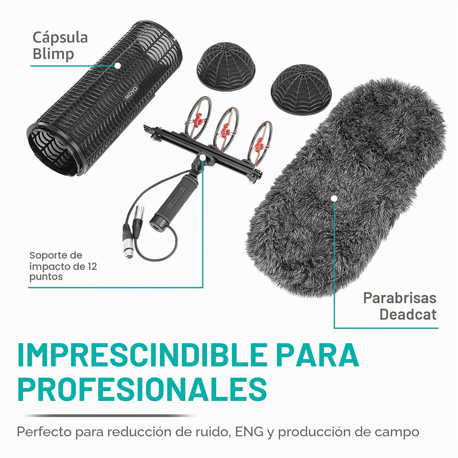 Movo BWS1000 Blimp sistema de protección contra viento y vibración para micrófonos de escopeta - cuenta con soporte interno de 12 puntos, cable XLR integrado, protector de viento y mango de agarre con