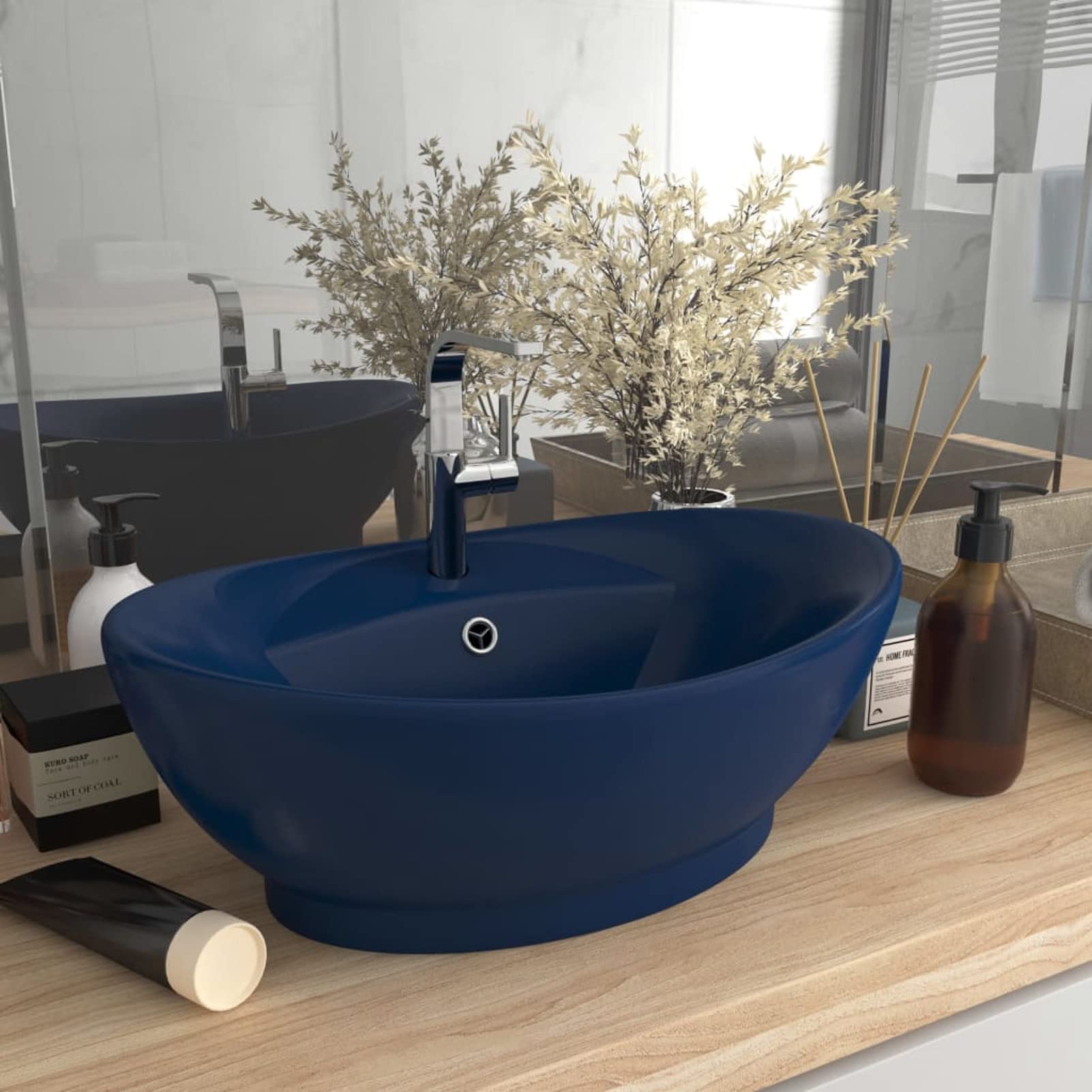 Lavabo Ovale In Ceramica Nero, Per Bagno O WC Ospiti, Con Troppopieno E Foro Rubinetto 3.5cm