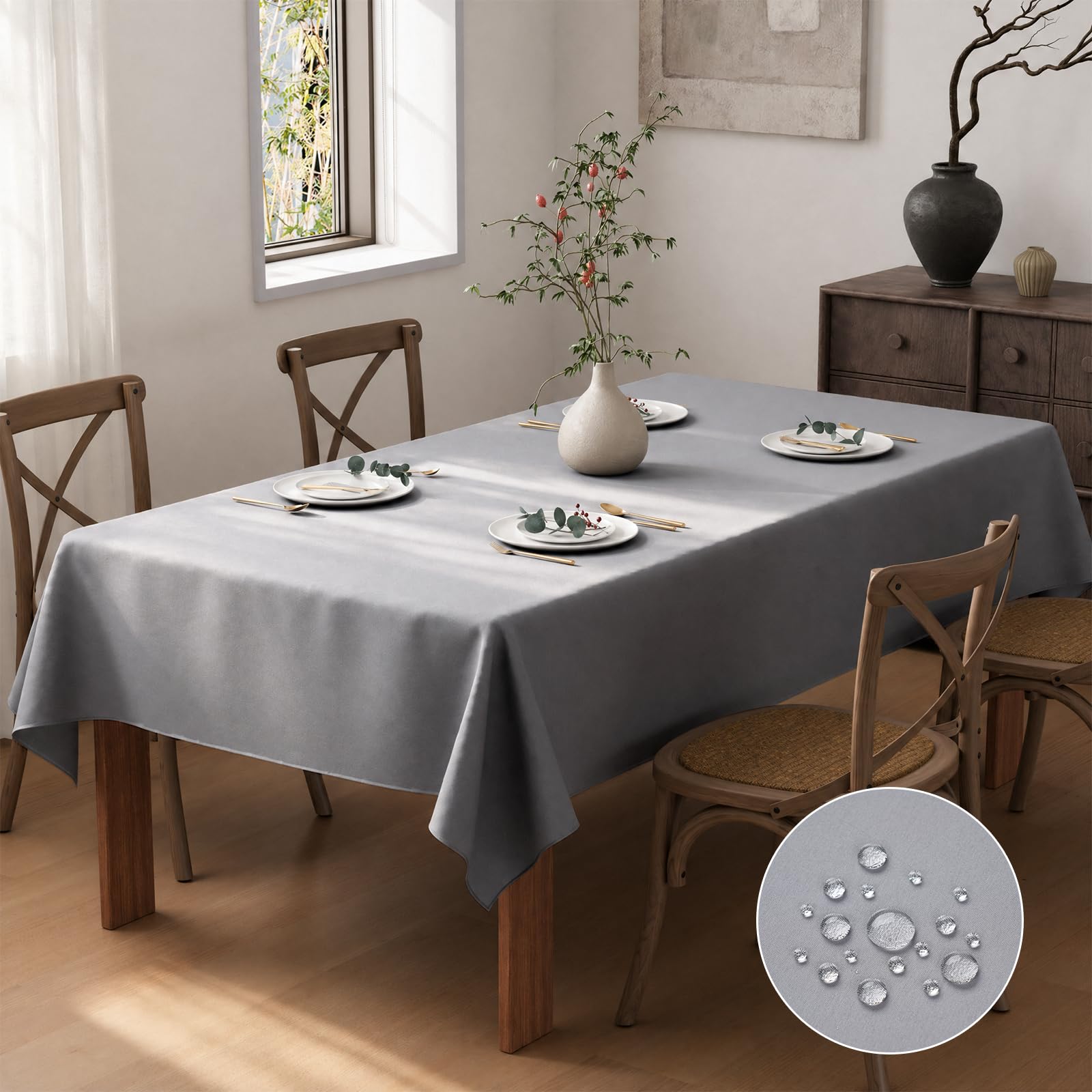 Flgef Grey Table Cloth 240x150cm, Wipe Clean Large Rectangular Table Cloths, Water Resistant Washable Fabric Tablecloths Dining Table Cover for Outdoor, Garden, Wedding, Parties