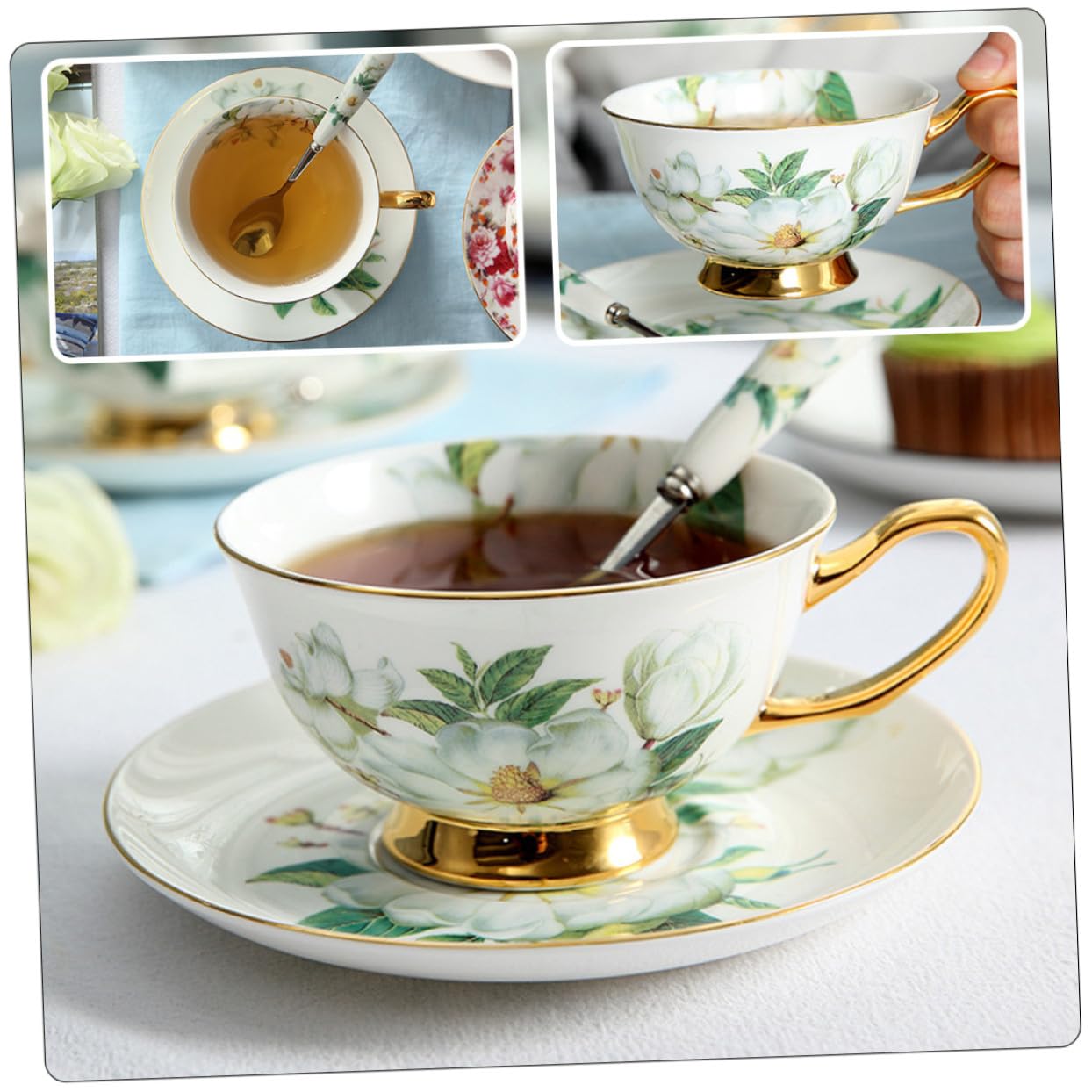 Gatuida Set 2 Tazze e Piattini da Tè in Ceramica Creativa Cucchiaino e Supporto, Tazze da Caffè Latte Impugnatura Comoda, Adatte per Pomeriggi di Tè e Riunioni di Famiglia