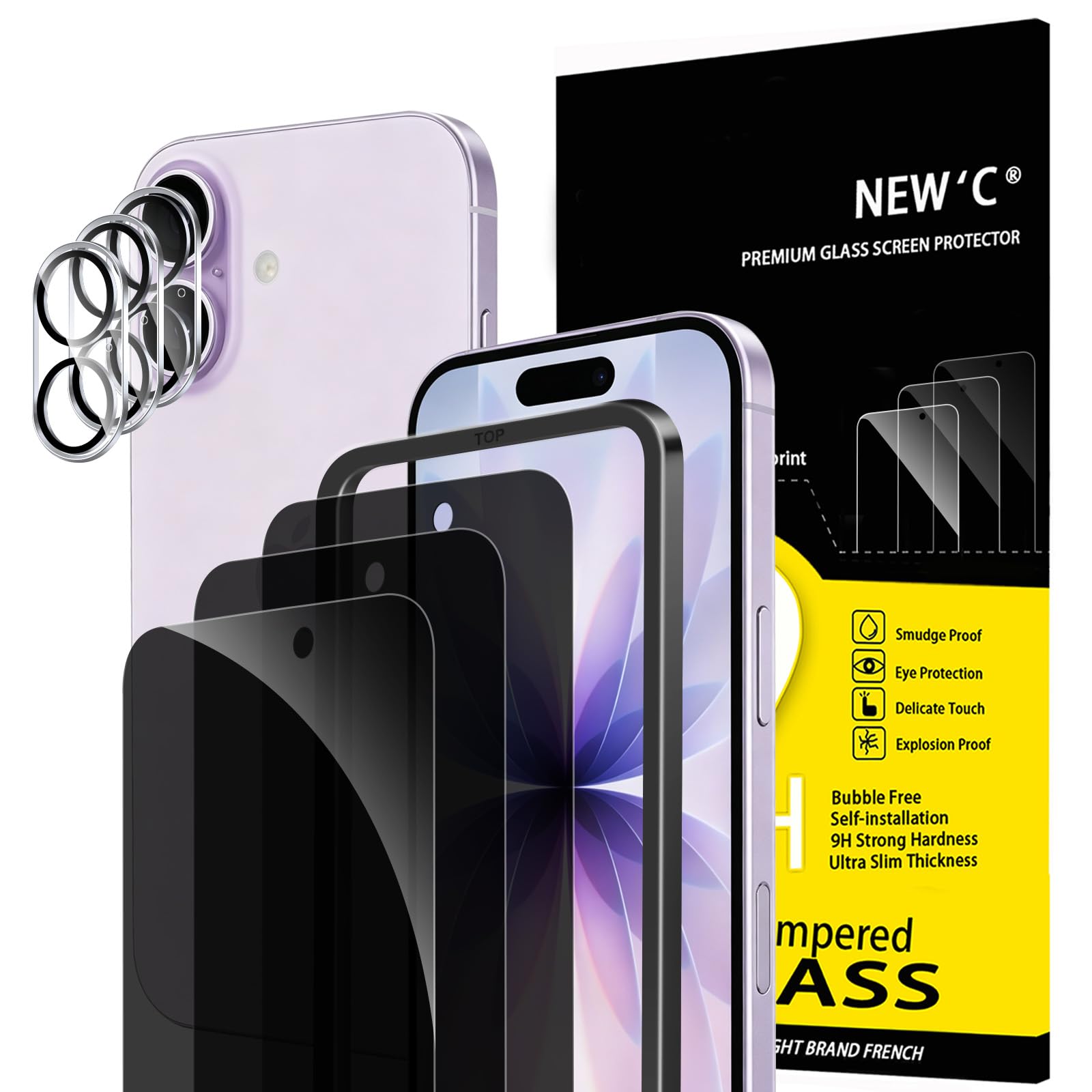 NEW'C for iPhone 17 Privacy Screen Protector + Camera Lens Protector + Tool