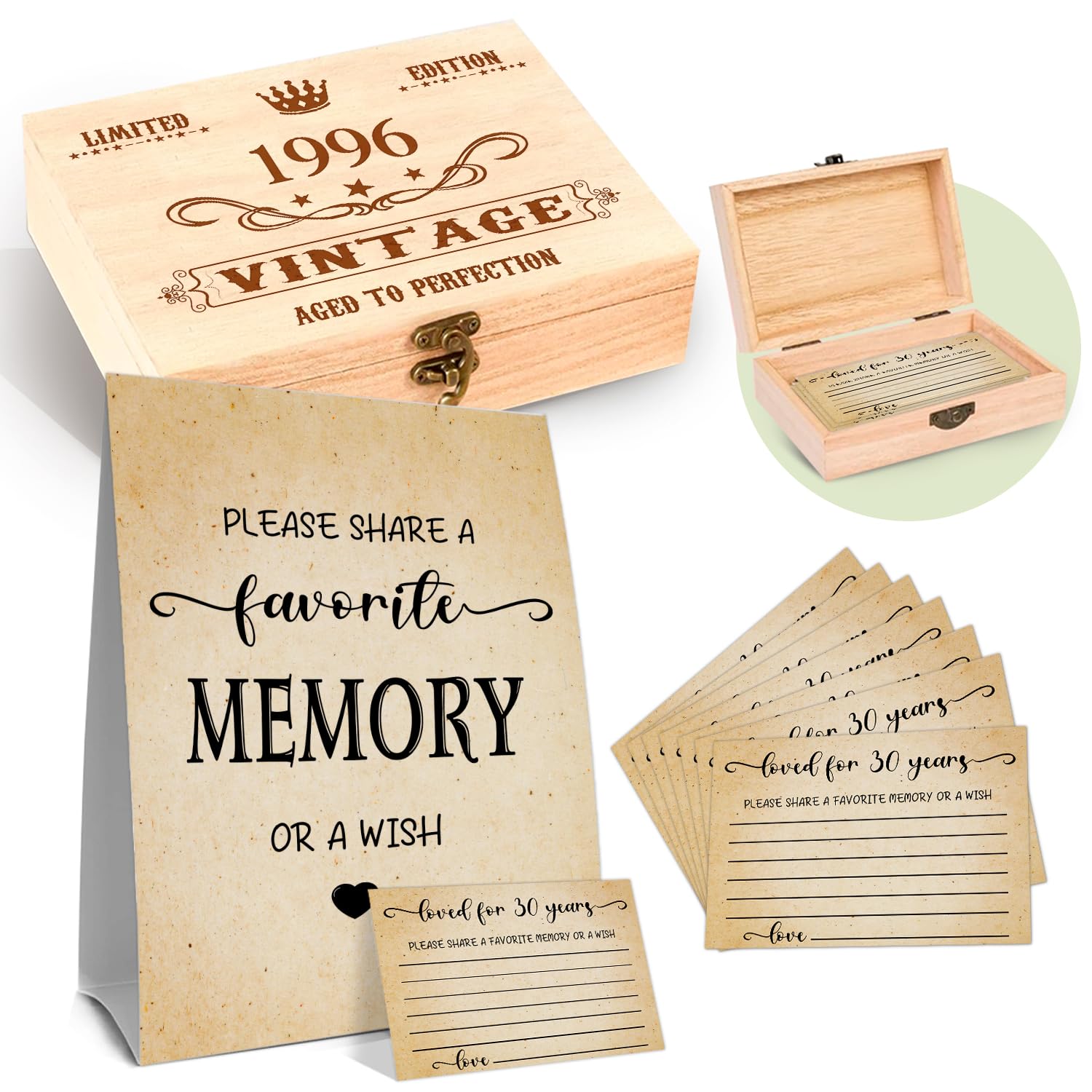 30th Birthday Party Share a Memory Set, 1996 Birthday Gifts for Women Men, 1996 Wooden Share A Memory Box with Memory Sign and 50 Pcs Memory Cards,