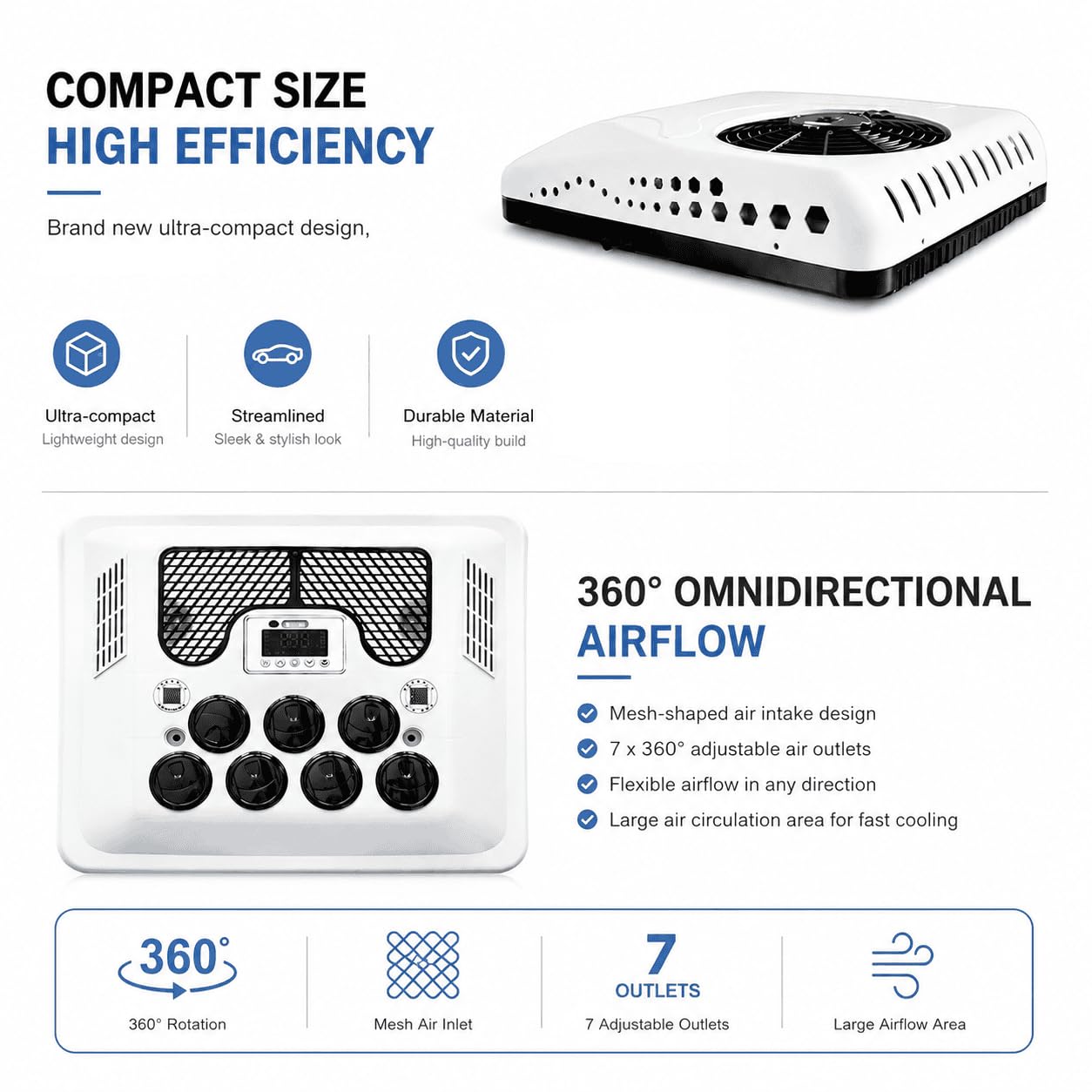Unidad Techo Aire Acondicionado con 7850 BTU Refrigerador y Calentador 12V