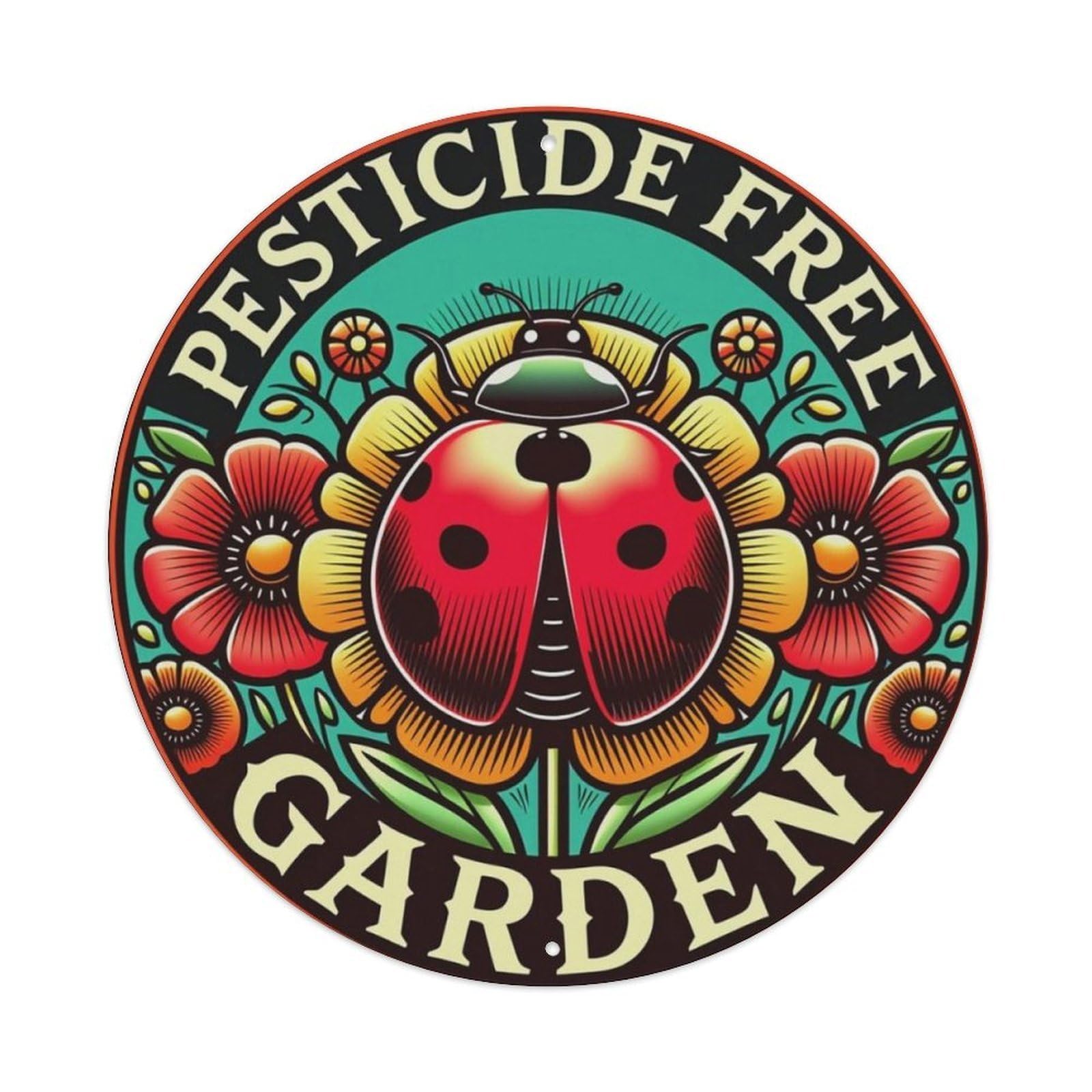 Ladybug Organic Garden Floral Round Decor Sign Vintage Aluminium Metal Sign, Retro Wall Decor for Home, Bar, Garage & Farmhouse 20x20cm