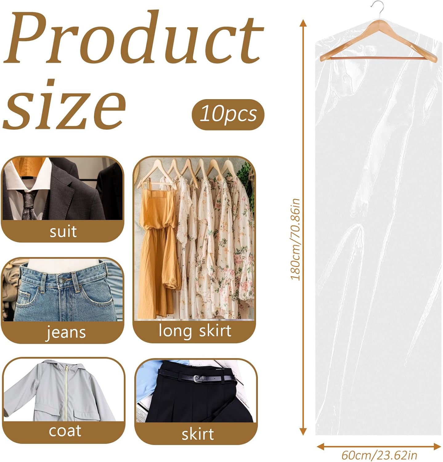 10Pcs Dry Cleaner Bags Plastic Clear Dress Bag 71-Inch Long Dry Cleaning Bag for Clothes, Plastic Garment Bags for Hanging Clothes, Long Dresses, Suits, Gowns, Dance Costumes, 60x180 cm