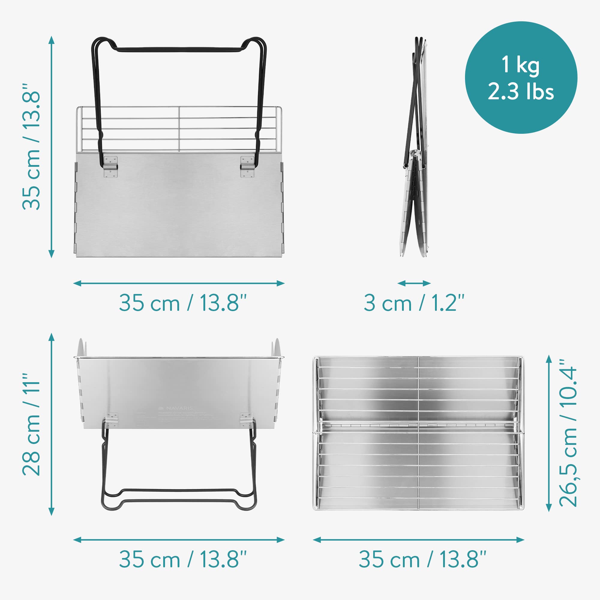 Navaris Mini przenośny grill do pikniku, kempingu i podróży, skladany na płasko do rozmiaru notebooka