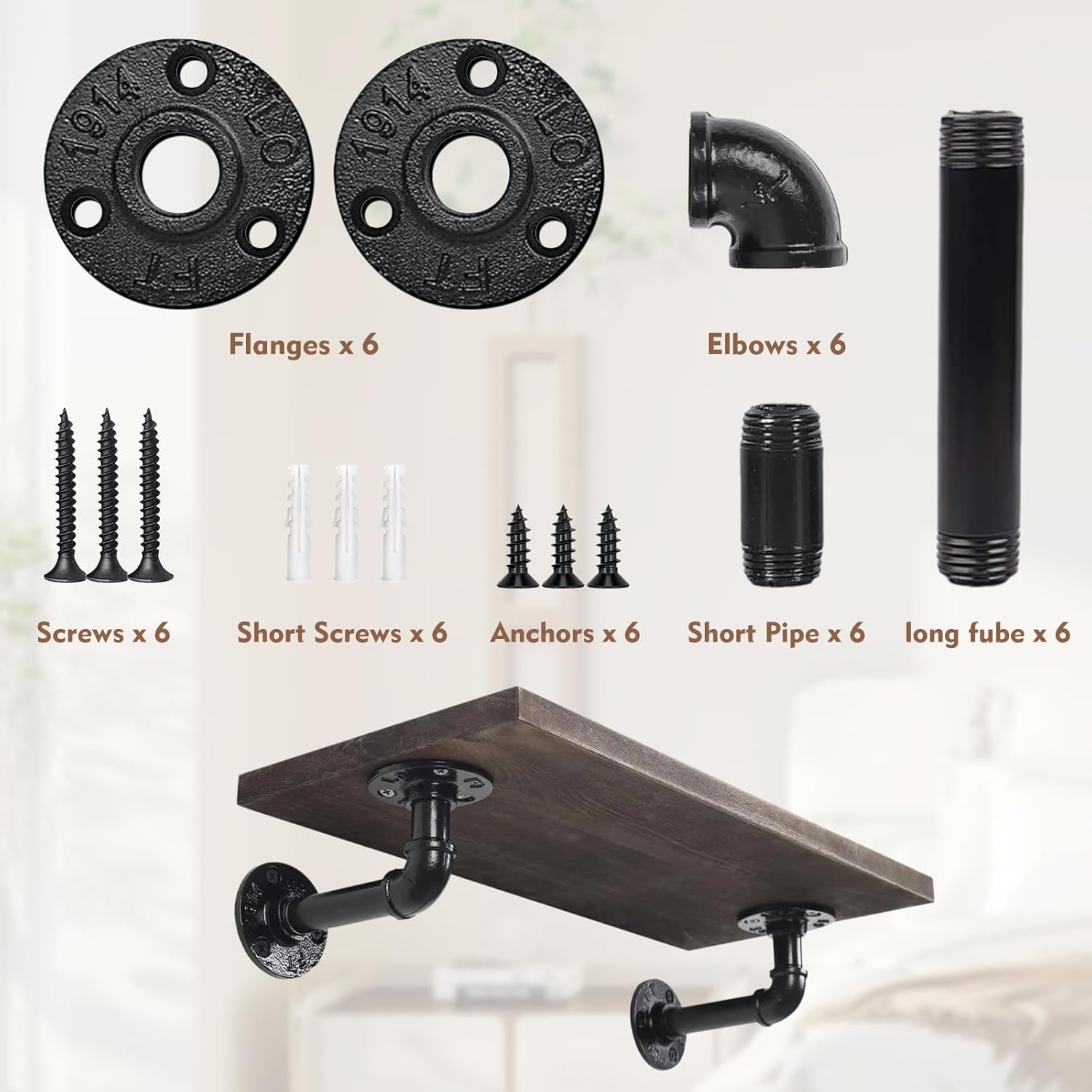 6 Pack Industrial Pipe Shelf Brackets, Black Iron for Floating Shelves Heavy-Duty Wall Mount with Hardware