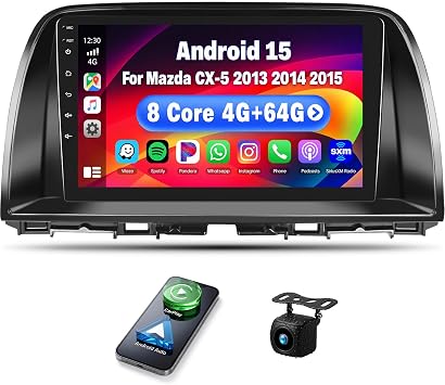 [8 Core 4G+64G] Car Radio for Mazda CX-5 2013-2015 with Wireless CarPlay Android Auto,9" Touchscreen Android 15 Car Stereo with Mirror Link WiFi/GPS,Bluetooth,FM/RDS Radio DSP SWC+Backup Camera