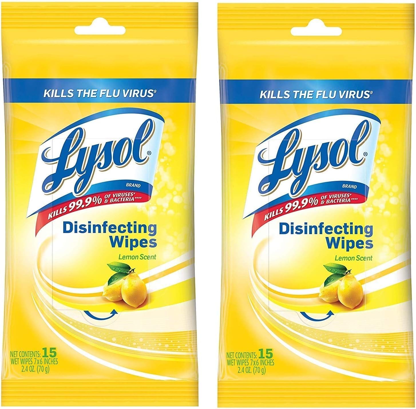 Lysol Disinfecting Wipes To-Go Pack, Lemon Scent, 15 Count (Pack of 2)