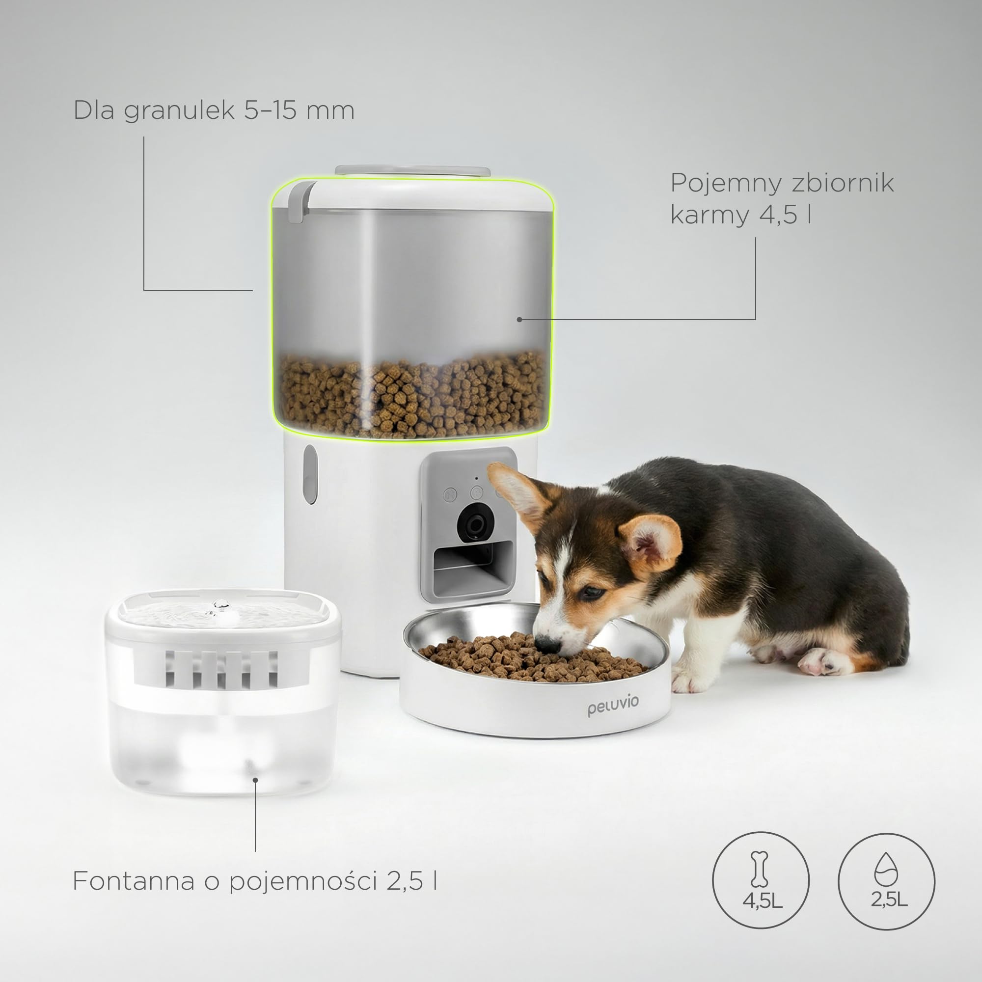 FEAST automatyczny dozownik karmy dla psów z WiFi i kamerą wideo, dozownik krokwi kota 4,5 l z miską, zaplanowane porcje, fontanna 2,5 l, automatyczny dozownik karmy dla kotów (biały)