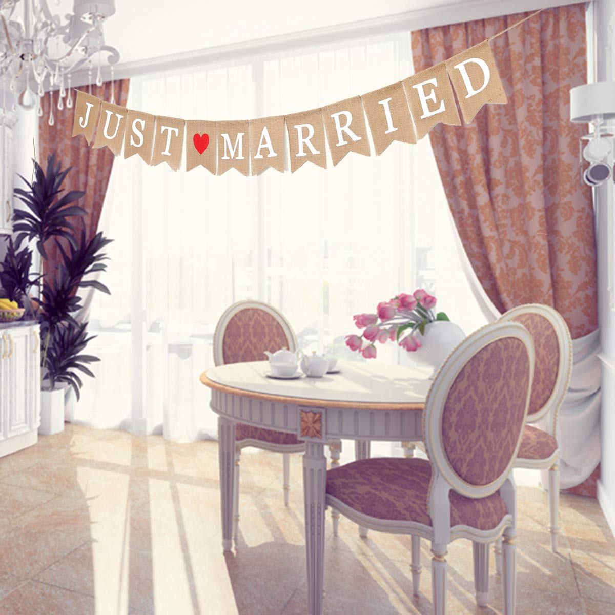 Ulikey 3 Metri di Lino Banner Just Married Just Married Bandiere Con