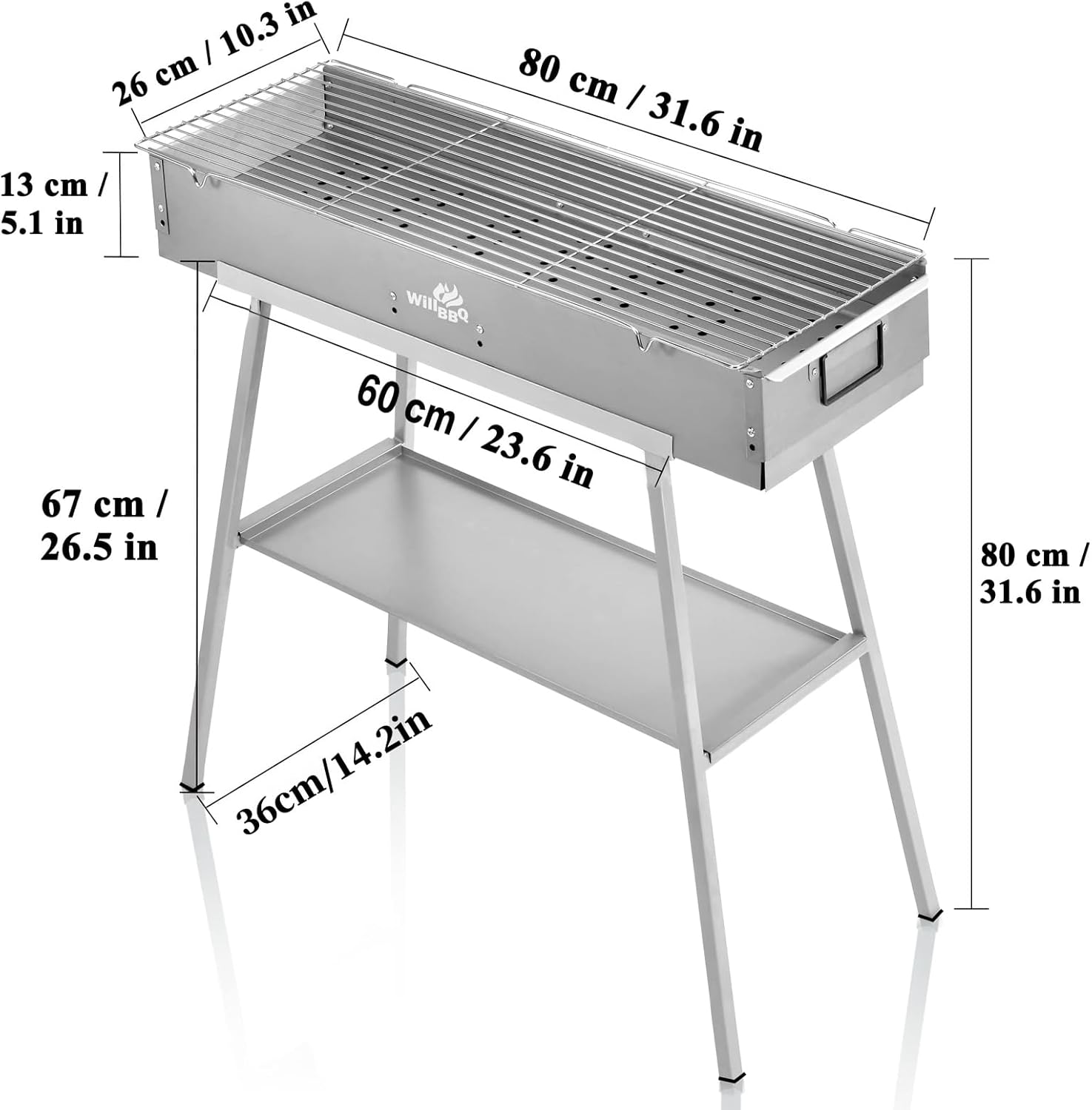 WILLBBQ Charcoal Grill Tailgate Parties, Patio, Beach Barbecues, Backyard Gatherings,Alloy Steel BBQ Barbecue Outdoor Grilling with Durable Support Frame and Dual Adjustable Vents (31.6x10.3x5.1 inch)