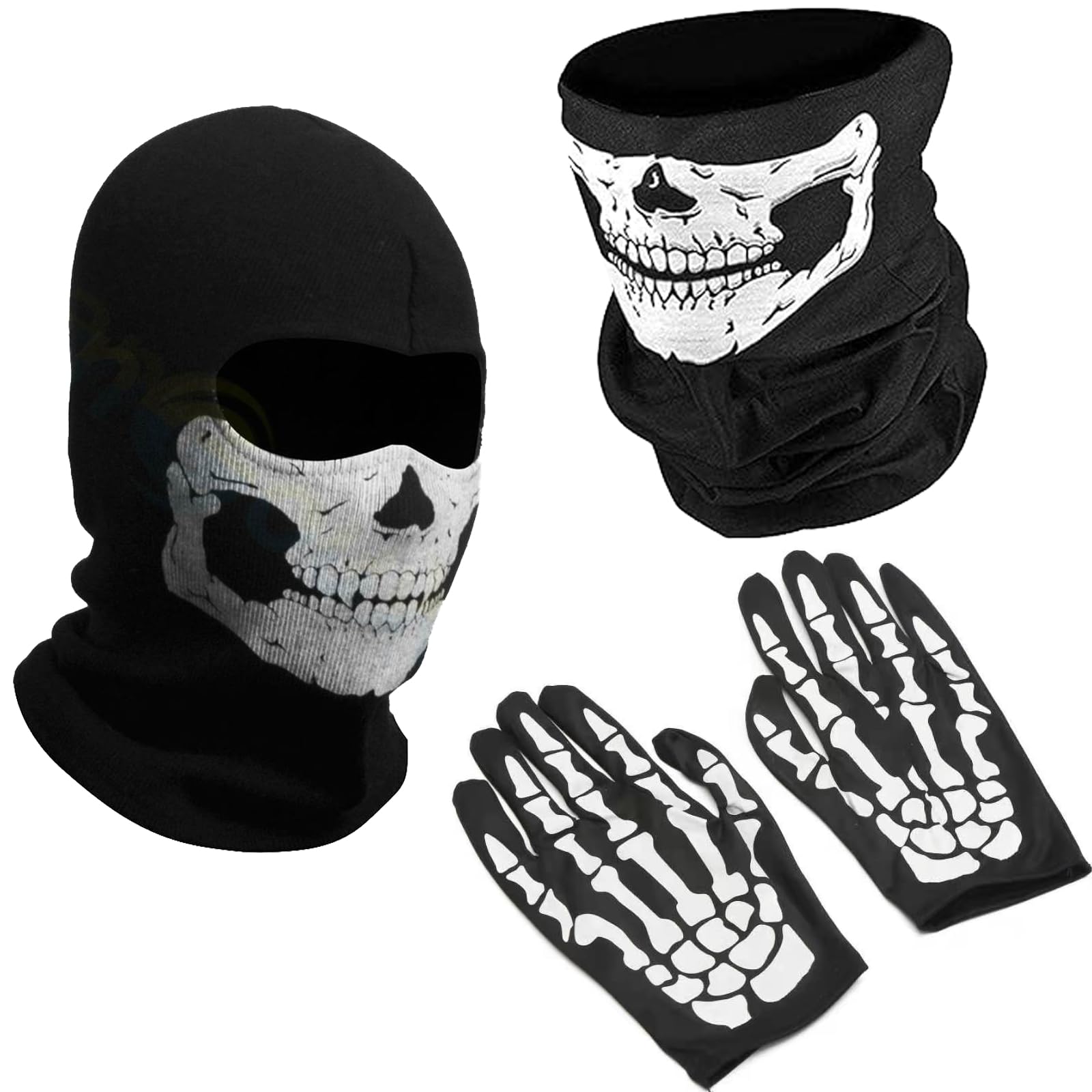 3 PCS Skeleton Gloves and Skull Face Mask and the Skull Hood Half Ghost Bones Cosplay Costumes for Adult Halloween Dance Costume Party Motorcycle Bike Hiking Ski Halloween