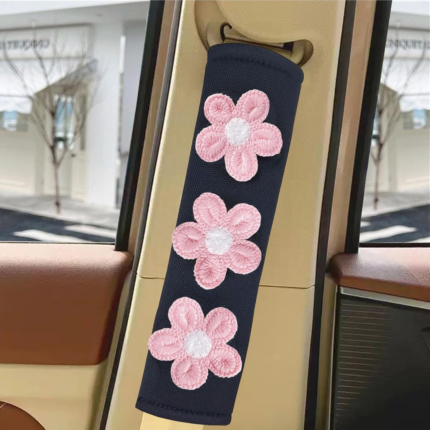 Cute Flower Car Seat Belt Shoulder Pad Cushions (2 in a Pack), Car Accessories Seat Belt Shoulder Strap Protector Universal Cover (Pink) image 4