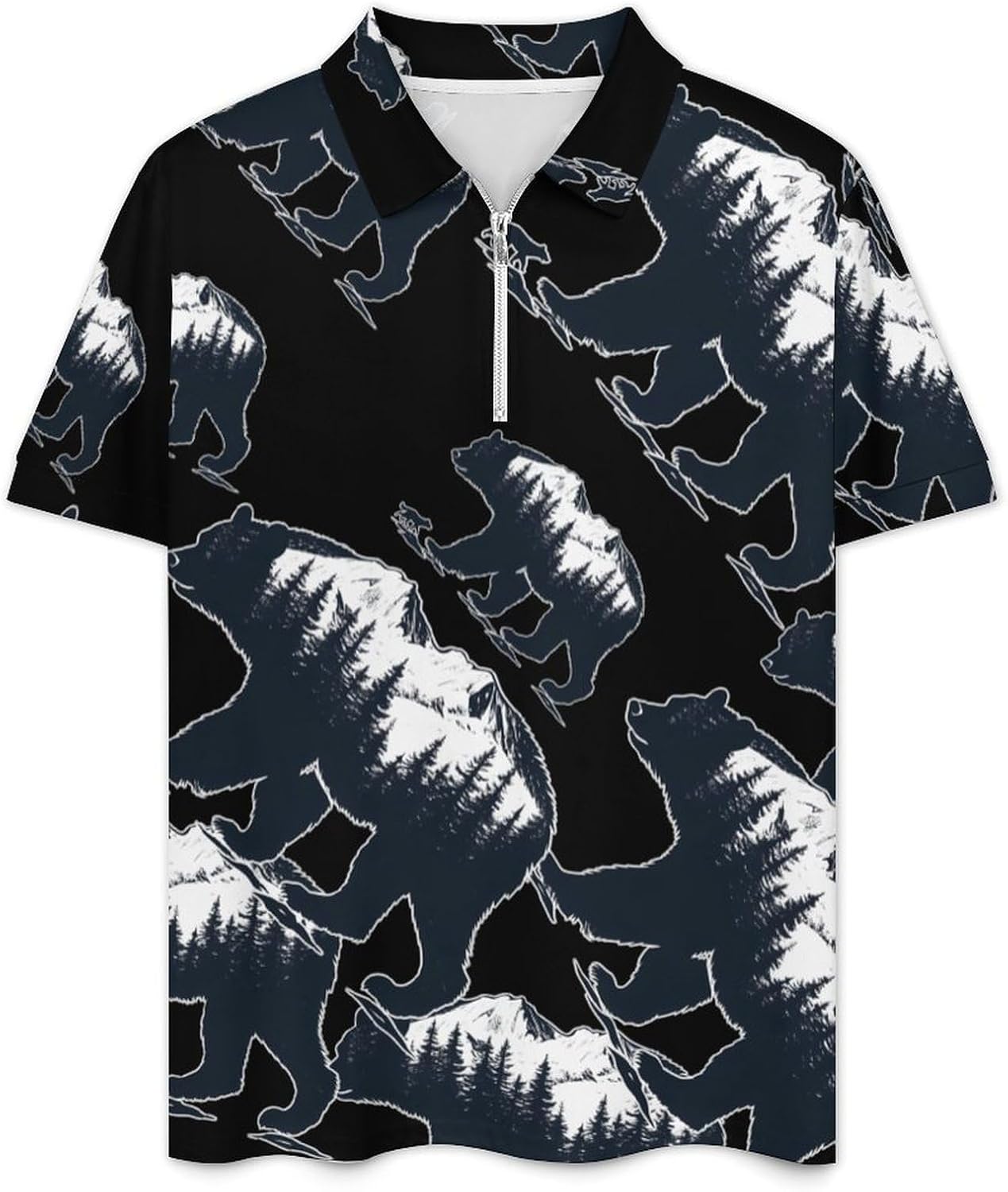 Bear And Wolf in Mountains Mens Polo Shirts Track Suits 2 Piece Short Sleeve Sweatsuit 1/4 Zip Golf Loungewear for Sports
