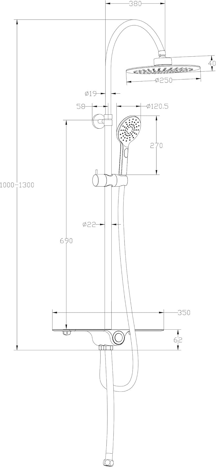 Detailed diagram of SCHÜTTE AQUASTAR 60520 shower system dimensions