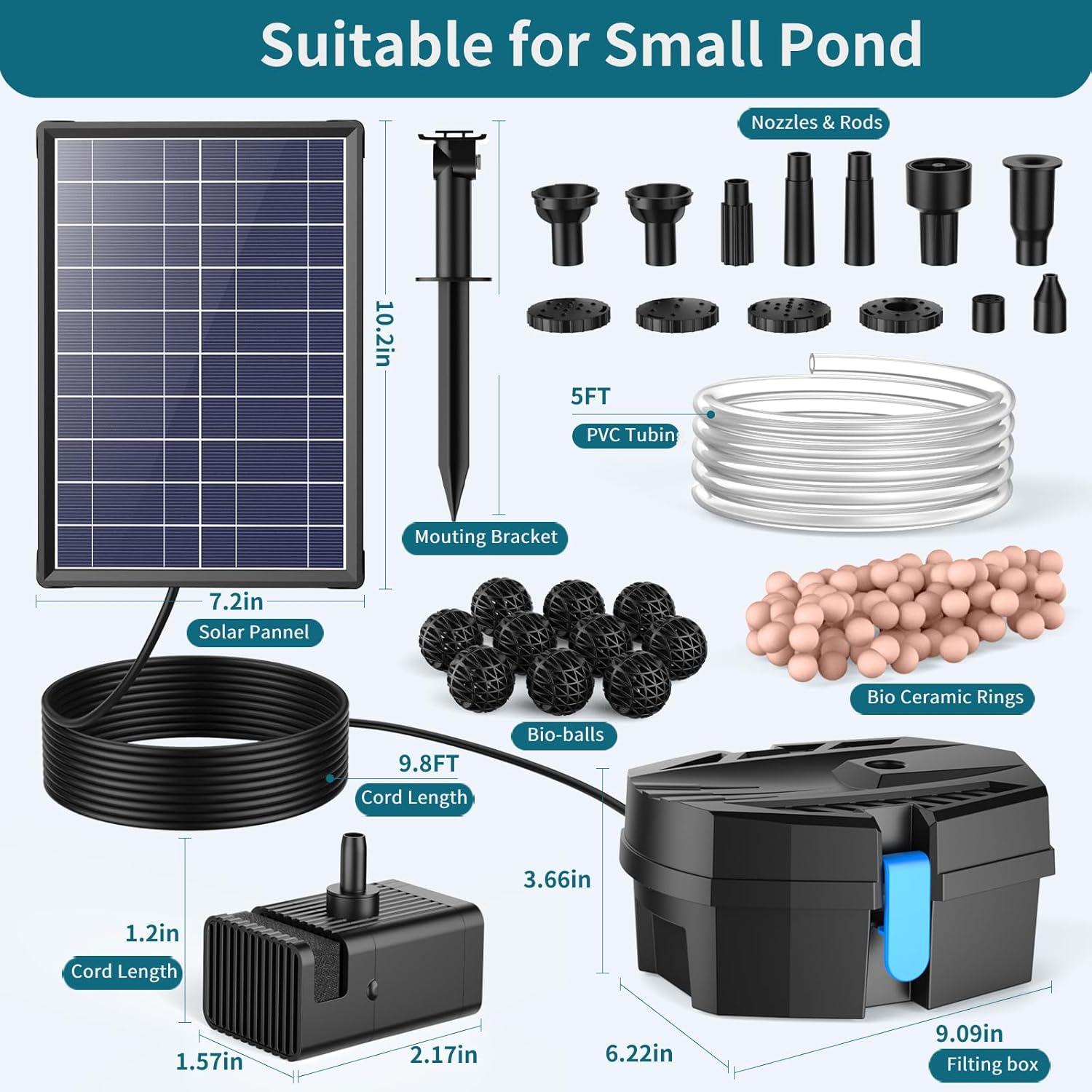 POPOSOAP Solar Pond Filter Built-in 3600mAh Battery Backup, 8W Solar Pond Filter with Water Pump, Pond Filter with Water Shortage Protection & Clear Tubing for Ponds Fish Tank Bird Bath Garden