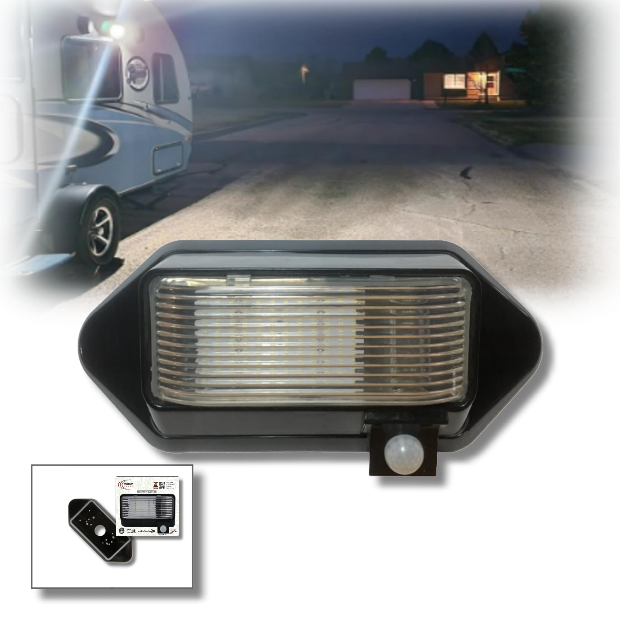 MG1000-450B-A RV LED Motion Sensor Porch Light, 450 Lumens, No-Drill Adaptor Plate, Intela-Sensor Battery Monitoring, EMI Suppressed Security Fixture - Black