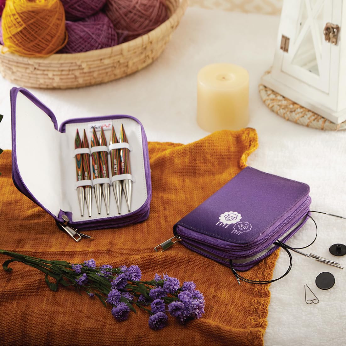 KnitPro Juego de agujas de tejer de madera Symfonie en bolsa de tela morada, juego grueso de 9,00, 10,00 y 12,00 mm