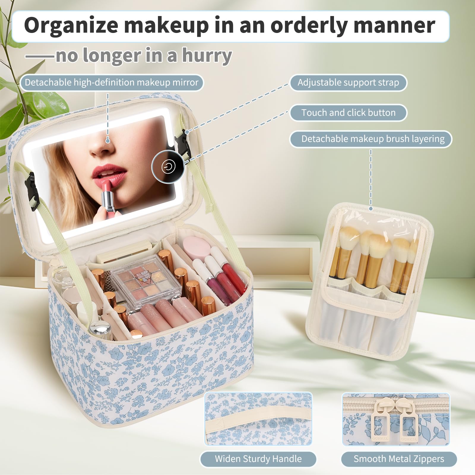 Makeup Bag with LED Mirror, 3-Color Light Travel Cosmetic Organizer