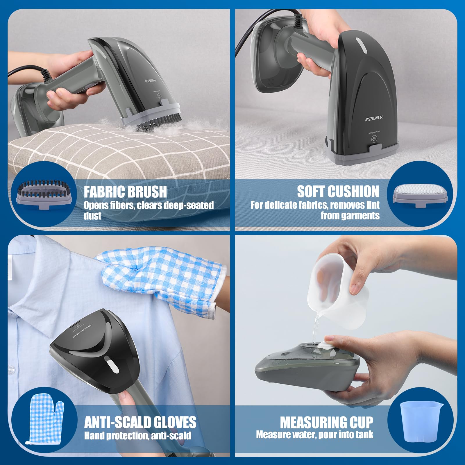 Powerful Handheld Fabric Steamer - 1800W with Fast Ceramic Heat-Up Plate, 2-in-1 Ironing & Wrinkle Remover, Steam Nozzle, Lint Brush - Gray, for US 120V Only