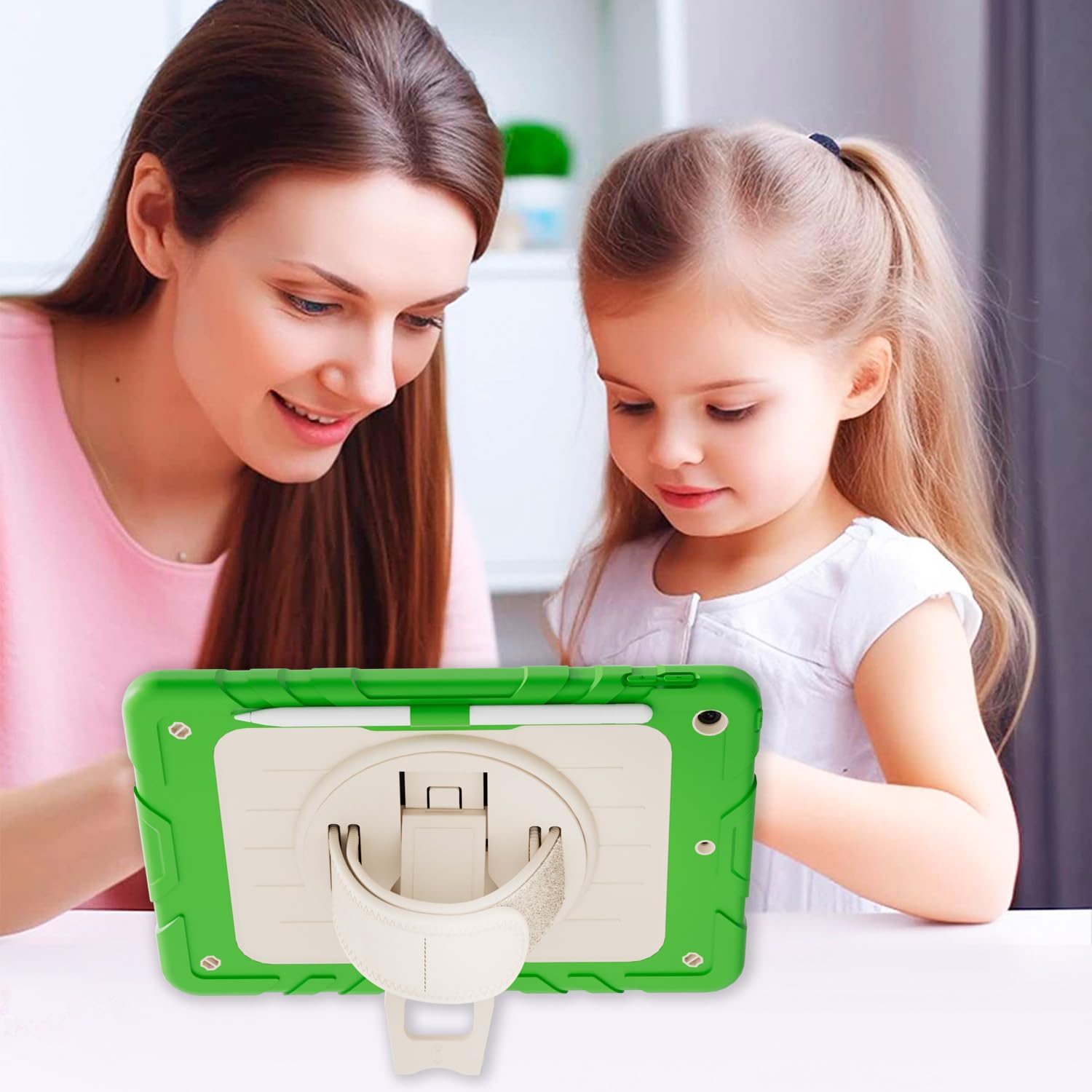 Case for iPad 9th/8th/7th Generation10.2, Shockproof 360 Rotating Stand Shoulder Hand Strap with Pencil Holder for iPad 10.2 inch 2021/2020/2019 Case (Green+White)
