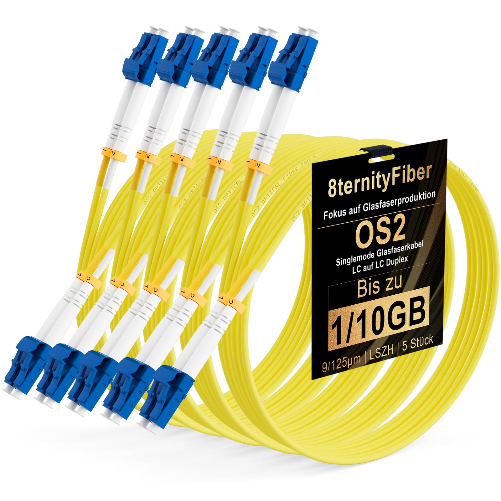 OS2 Lot de 5 câbles à fibre optique monomode LC LC 2 m | 2,1 m, duplex, 9/125 μm, 1 Go/10 Go, LSZH, diamètre extérieur : 2 mm, jaune