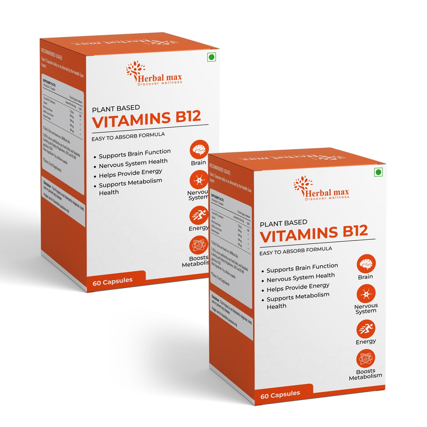 Herbal max Plant Based Vitamin B-12, 2.2mcg | 120 Veg Capsules | Boost Energy Level | Supports Healthy Nervous System & Brain Function | For Both Men & Women, Pack of 2 (B0CC26FXLB) Amazon Price History, Amazon Price Tracker
