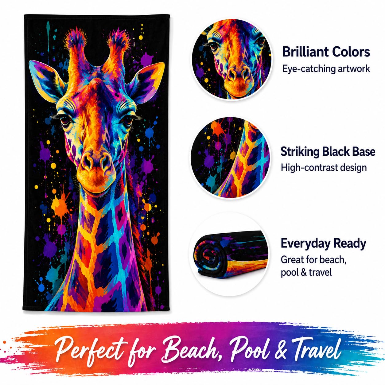 Telo Mare Microfibra Giraffa Colorata Asciugatura Rapida | Asciugamano da Spiaggia Giraffa Astratta, 145x200 cm, Assorbente, Accessori Mare, per Palestra Viaggio