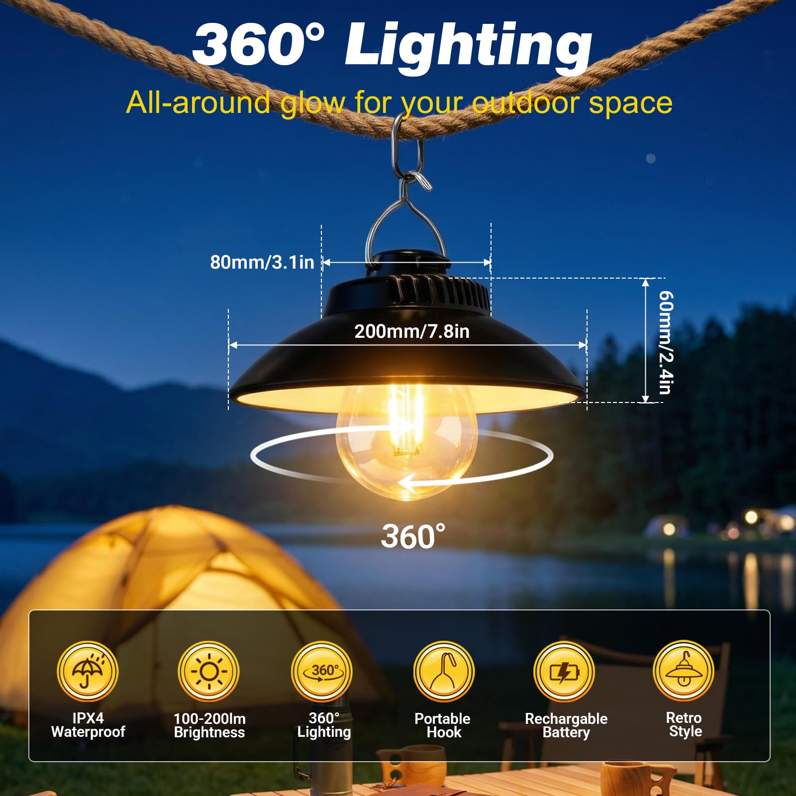 Lanterne Camping Rechargeable, Rétro Lampe Camping LED Portable, 2 Modes d'éclairage, IPX4 Étanche, Lampe de Tente pour Pêche, Randonnée, Coupure de Courant, Urgence (Blanc Chaud)