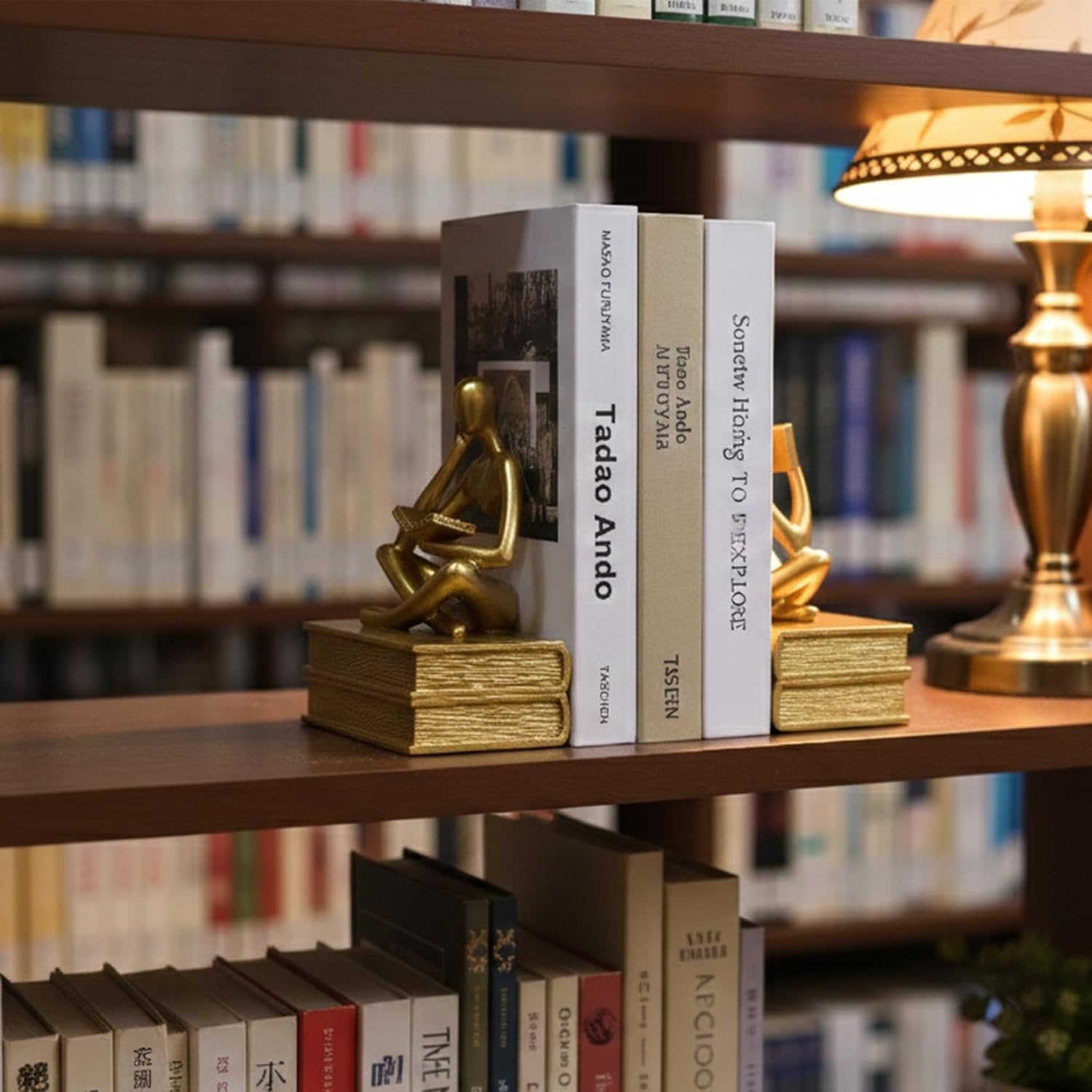Abstract Resin Reader Bookends Set of 2,Modern Decorative Book Ends for Shelves,Unique Book Shelf Accents & Coffee Table Decor,Reading Bookend Statue for Home Office Library (Gold, Thinker Bookends)