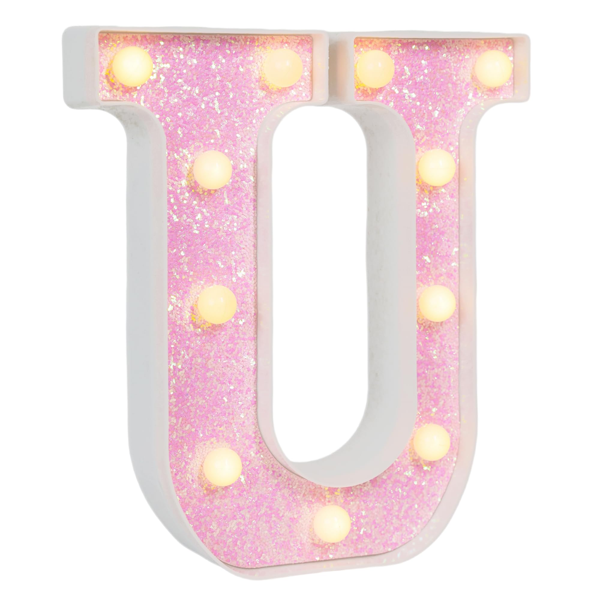EUFONY Pink Glitter Marquee Light Up Letters, Battery Operated LED Letter Lights Signs for Pink Birthday Party Table Decorations, Wall Decor for Girls Bedroom, Initial Letter U with Warm White Lights