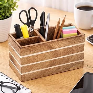 Hashcart Pen Holder Pencil Holder - Wood Pen Cup Pencil Cup for Desk - Office Desk Organizer - Makeup Brushes Holder - 3 Compartment Caddy for Home and Office