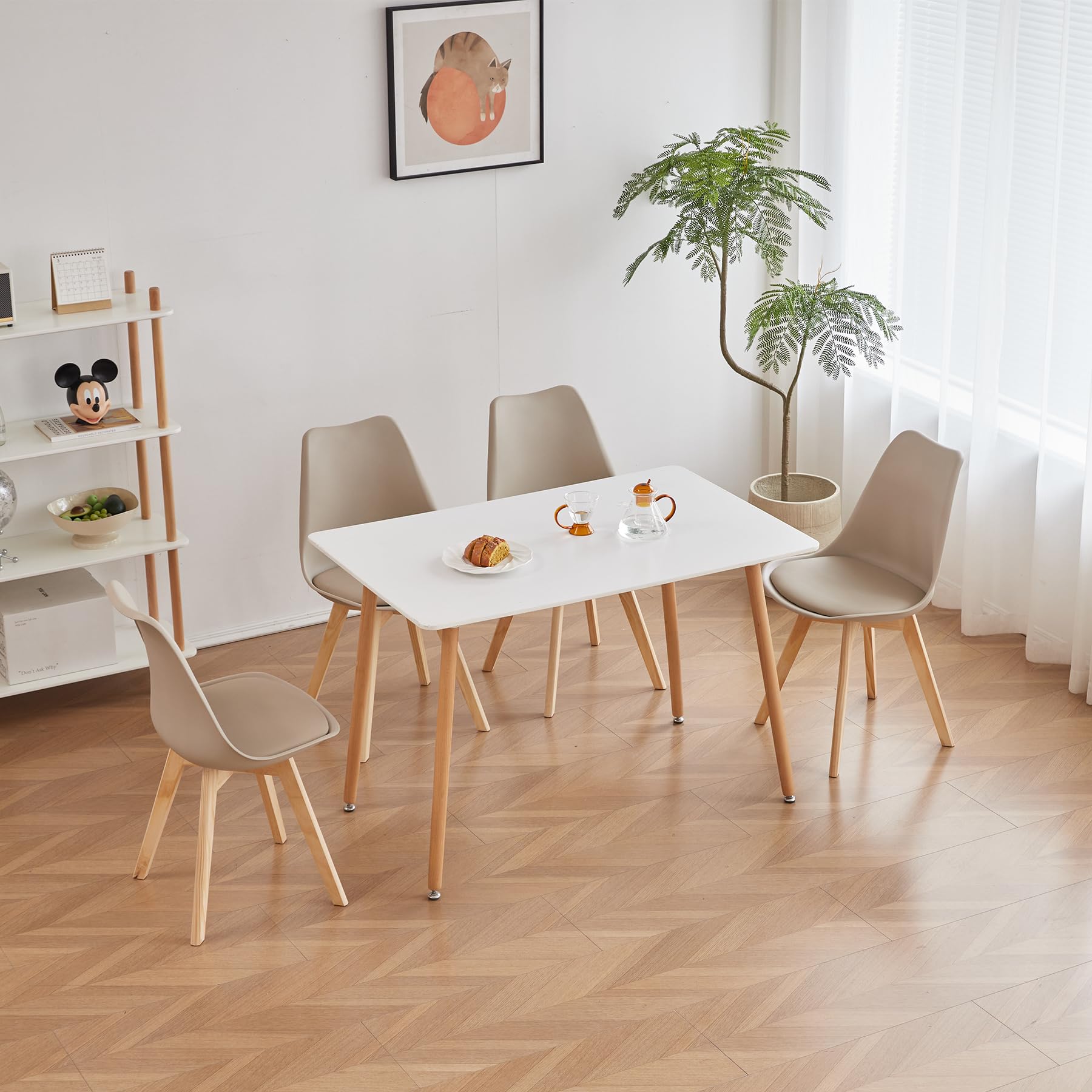 GrandCA HOME Table à Manger Rectangulaire avec 4 Chaises Rembourrées Ensemble de Salle à Manger, pour la Maison, Le Bureau, la Cuisine, Beige