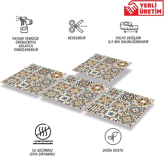 Tink Kendinden Yapışkanlı Karma Fas 019 Desenli PVC Karo, Yapışkanlı Fayans Kaplama, Fayans Çıkartması, Zemin Duvar Karosu 30x30 cm (4 Adet / 0,36 m²)
