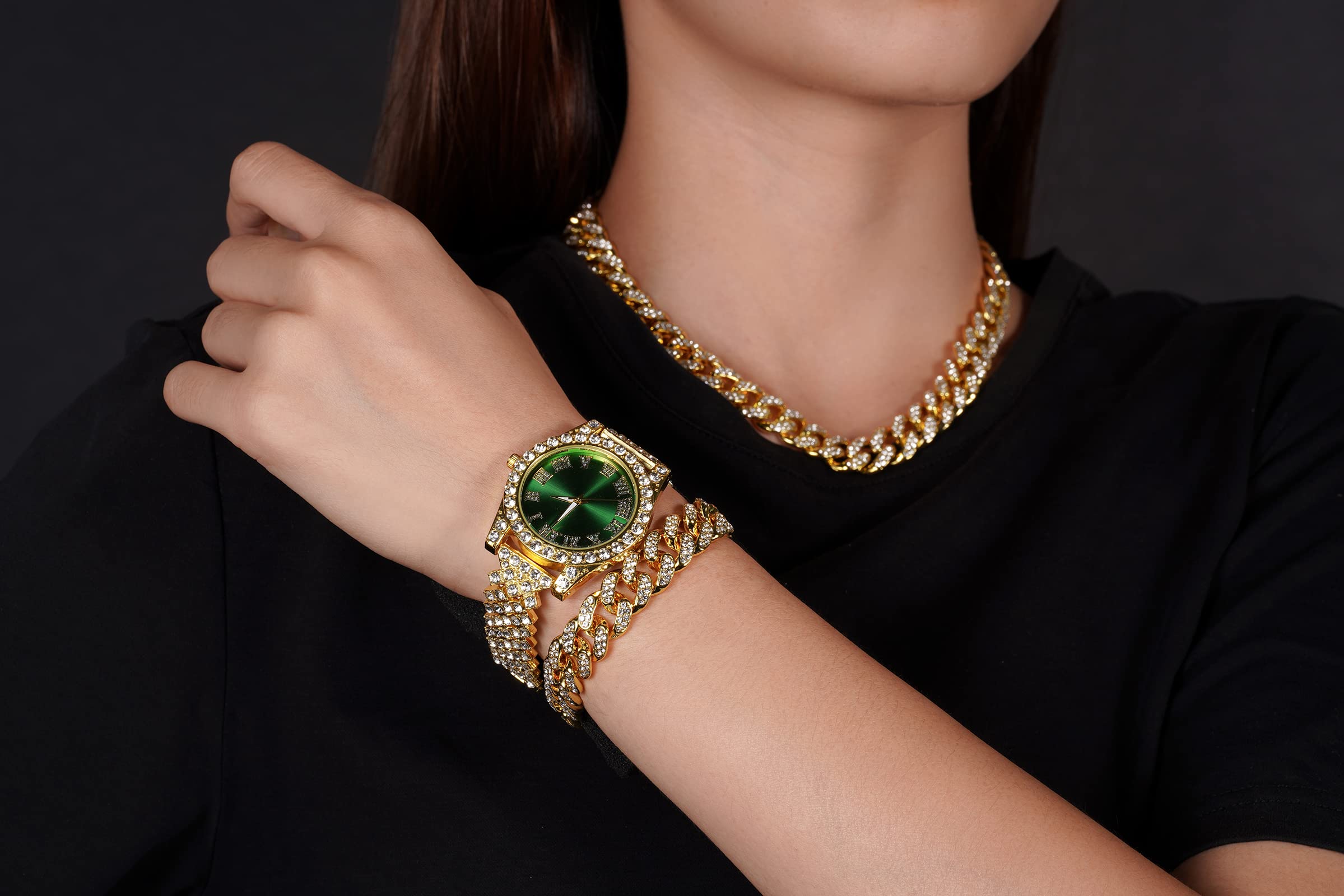 Halukakah Diamanten Gold Uhr,Damen 18K Echtes Gold/Platinplattiert Weißgold 36MM Breite Grün/Blau/Rot Zifferblatt Quarz Armband 20cm mit Kubanischer Kette Halskette Armband,Kostenlose Geschenkbox