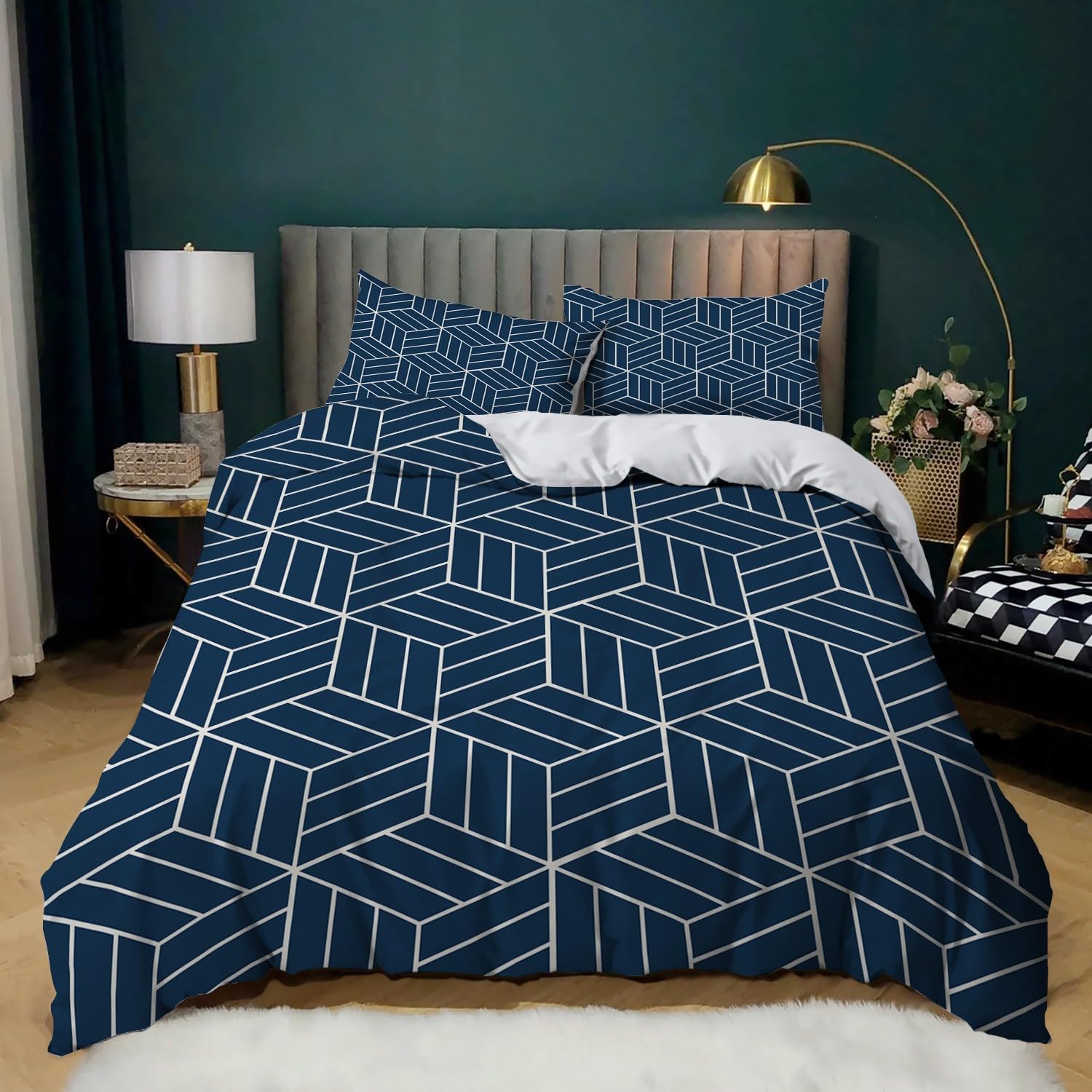 Bettwäsche 155x220 cm Blaues Geometrisches Muster, Bettbezug 3teilig Weiche Allergiker Microfaser Bettwäsche-Sets, Deckenbezug mit Reißverschluss und 2 Kissenbezüge 80x80cm