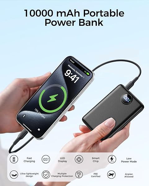 Power Bank Fast Charging 10000mAh, 22.5W Portable Charger(USB-C Input & Output), PD 3.0 QC 3.0 External Mobile Phone Battery with LED Display, Compatible with iPhone 17 16 15 14 13 12 Pro Max and More - 4