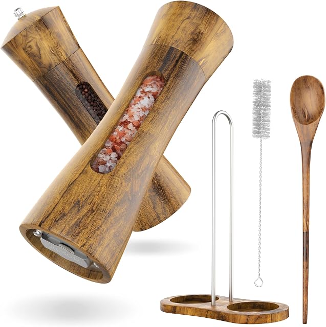 Lubor Salt & Pepper Grinder Set - Premium Acacia Wood Salt & Pepper Mill - Hand Grinder Set incl. a Spoon & Storage Stand - refillable Grinders