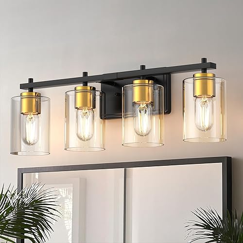 Miniatura 28 de DORESshop Lámpara de tocador de baño de 4 luces sobre el espejo, lámparas de baño negro mate con pantallas de vidrio transparente, luces modernas
