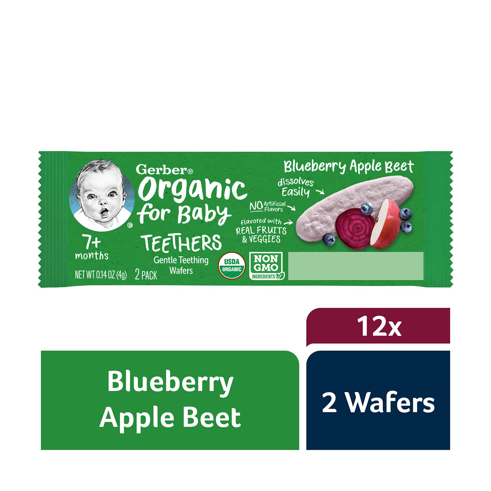 Gerber Snacks for Baby Teethers, Organic Gentle Teething Wafers, Blueberry Apple Beet, 1.7 Ounce, 12 Count Box (Pack of 6)