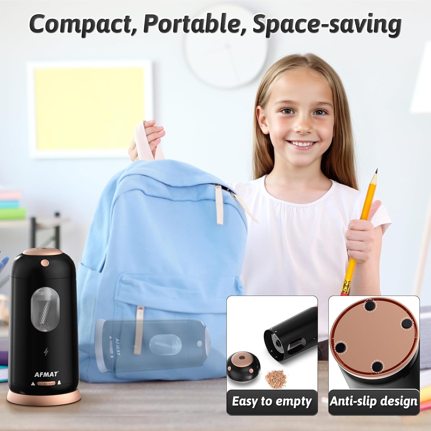 Image showing how to open the sharpener to empty shavings and its non-slip base