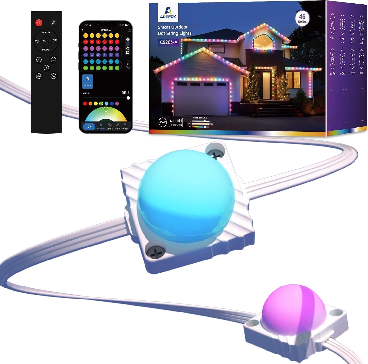 APPECK Permanent Outdoor Lights 50ft with 45 LEDs,...