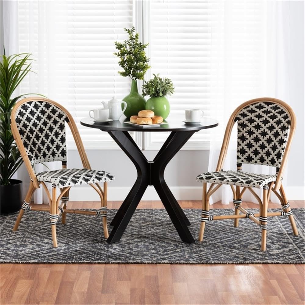 Pemberly Row French Bistro Dining Chair Set, Natural Rattan Frame, Black and White Synthetic Weaving, 36 in Height, Fully Assembled, Crisscross Base, Indoor/Outdoor Seating