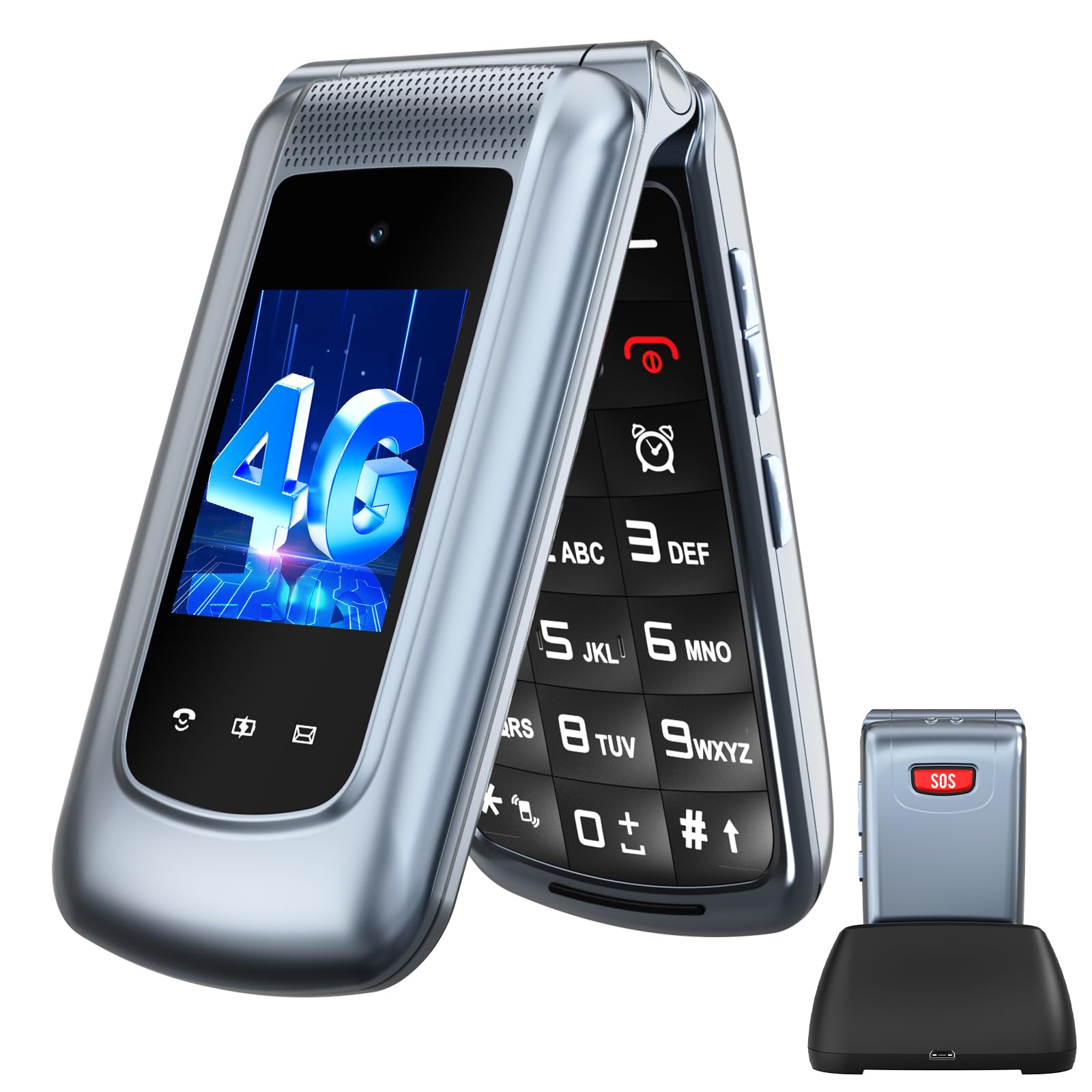 4G Seniorenhandy Klapphandy Ohne Vertrag mit Großen Tasten| Dual-SIM Rentner Handy mit Sprachansage | Ladestation | 2,4+1.77 Zoll Dual Farbdisplay| Flip Mobiltelefon mit SOS | Kurzwahl | Grau