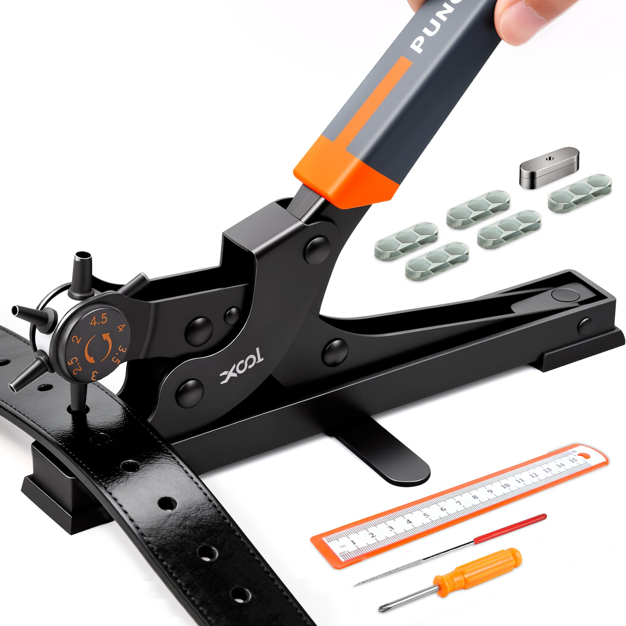 XOOL Lochzange für Leder, Gürtel Lochzange mit Hebelübersetzung, Ermüdungsfreies Arbeiten, Locher, Gürtellochzange für Uhrengürtel, Stoff, Karton, Schuhe, Geldbörsen, Kleidung, uvm…